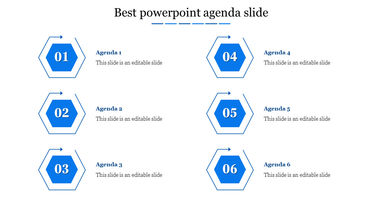 Free - Effective Best PowerPoint Agenda Slide In Hexagon Model